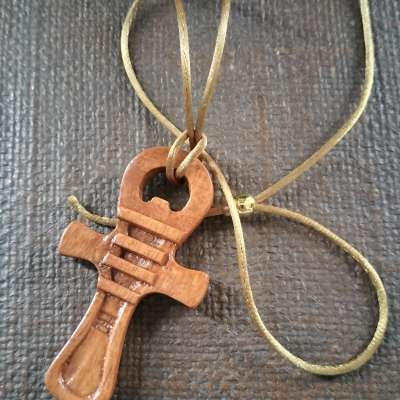Wooden Djed‑Ankh pendant, hand‑carved sacred Egyptian symbol